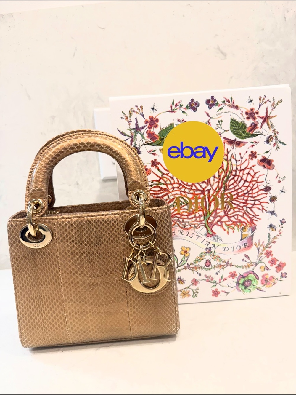 Dior Metallic Gold Python Lady Dior Top Handle Satchel - Picture 2 of 8